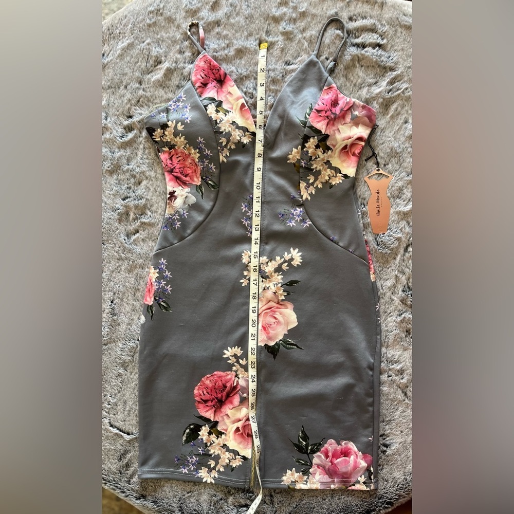 NWT Haute Monde Gray & Pink Floral full zip up mini dress, Bodycon Large 8-10 - Picture 15 of 15